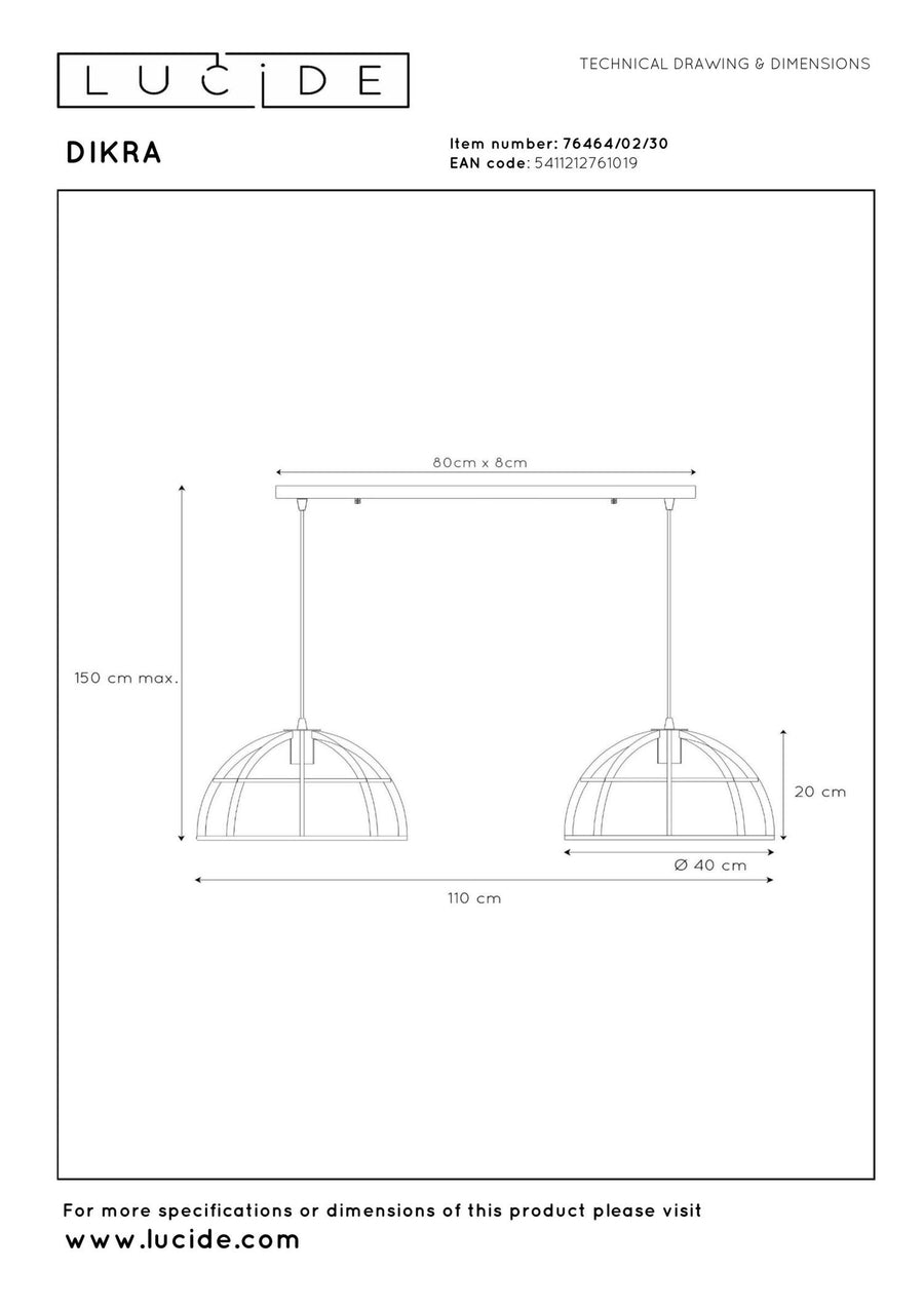 Lucide DIKRA hanglamp 2 × E27, zwart