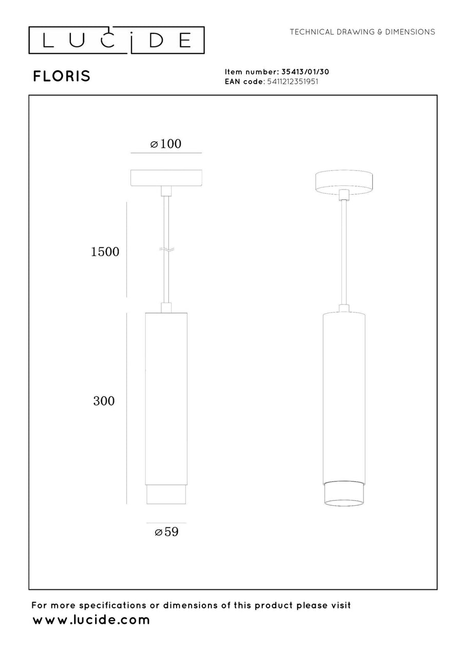 Lucide FLORIS hanglamp Ø 5,9 cm, GU10, zwart