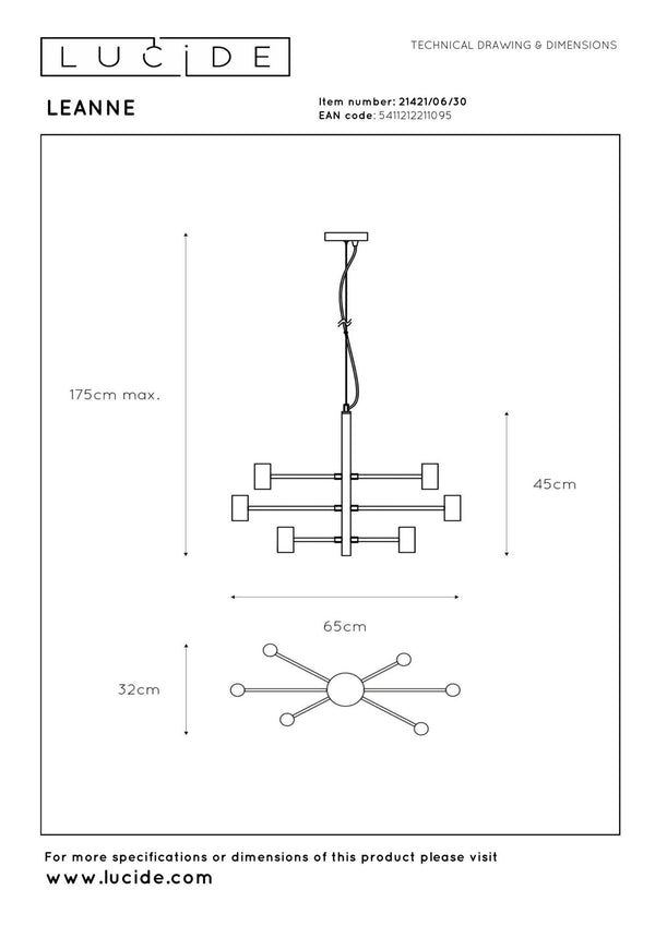Lucide LEANNE hanglamp 6 × E27, zwart