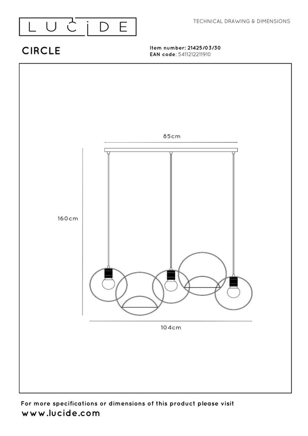 Lucide CIRCLE hanglamp 3 × E27, zwart