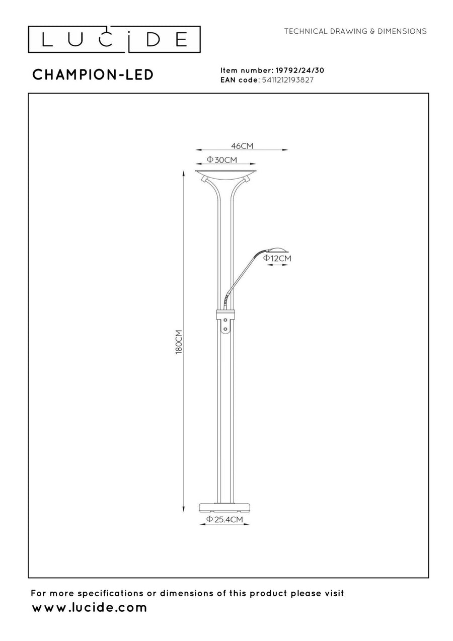 Lucide CHAMPION-LED dimbare LED-leesvloerlamp Ø 30 cm, zwart