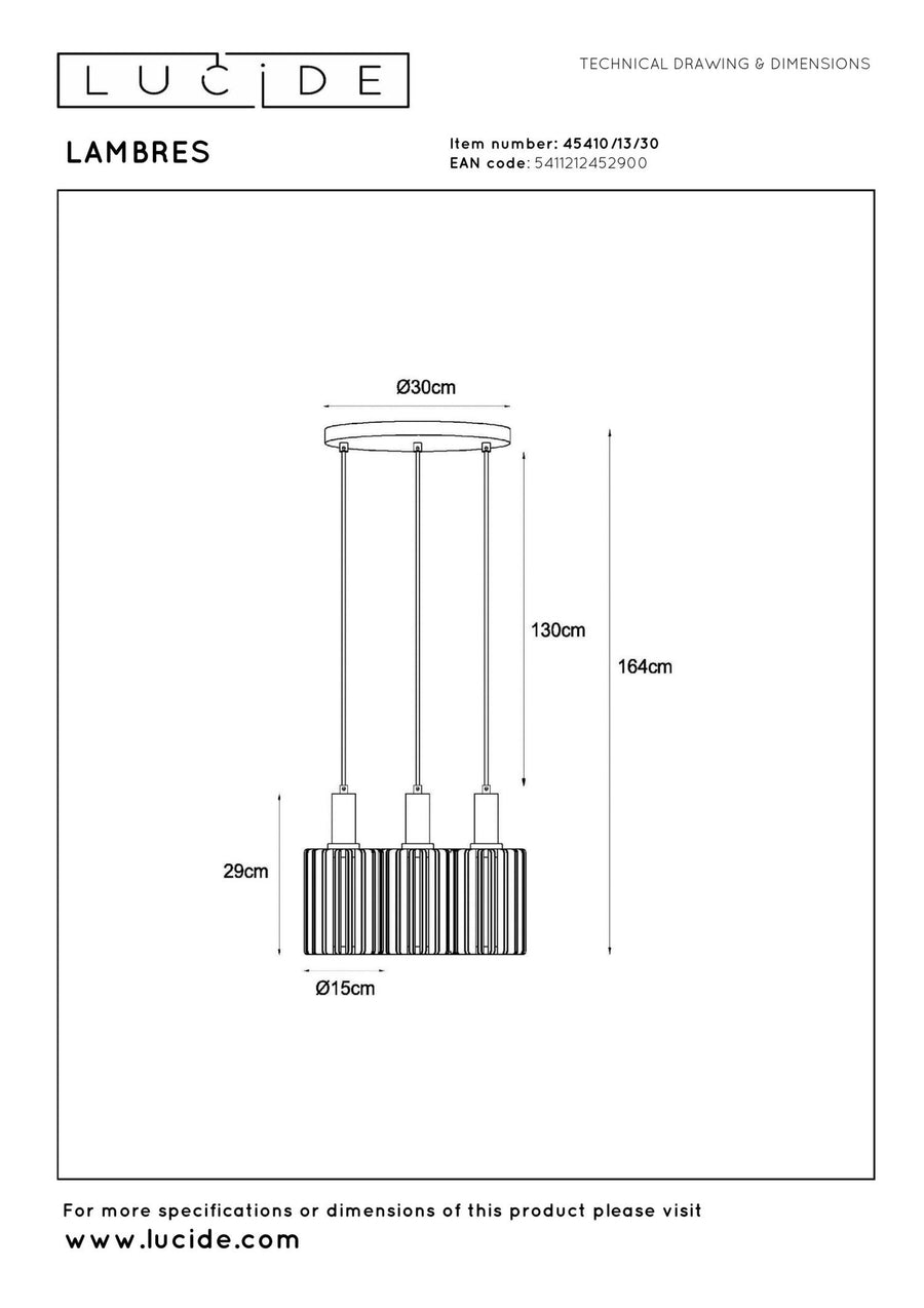 Lucide LAMBRES hanglamp 3 × E27, zwart
