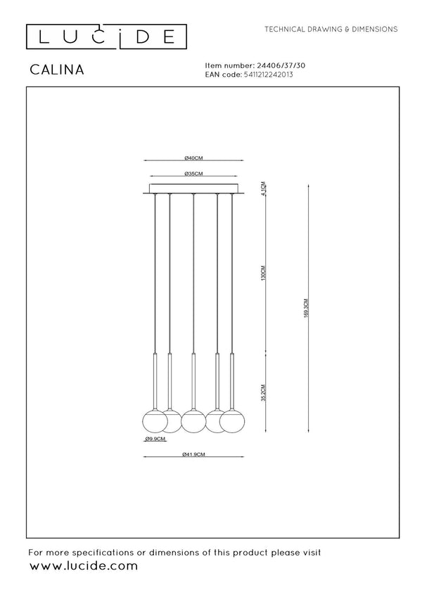 Lucide CALINA dimbare LED-hanglamp Ø 41,8 cm, 5 × 8,2 W, 2200–3300 K, zwart