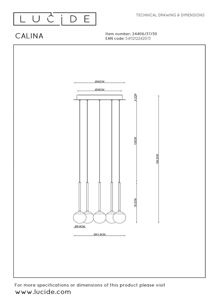 Lucide CALINA dimbare LED-hanglamp Ø 41,8 cm, 5 × 8,2 W, 2200–3300 K, zwart