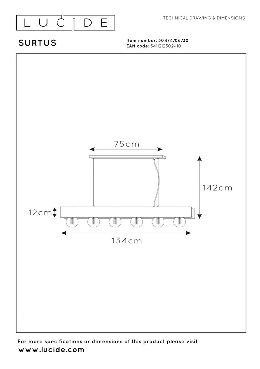Lucide SURTUS hanglamp 6 × E27, zwart