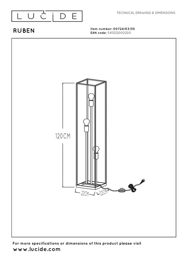 Lucide RUBEN vloerlamp 3 × E27, zwart