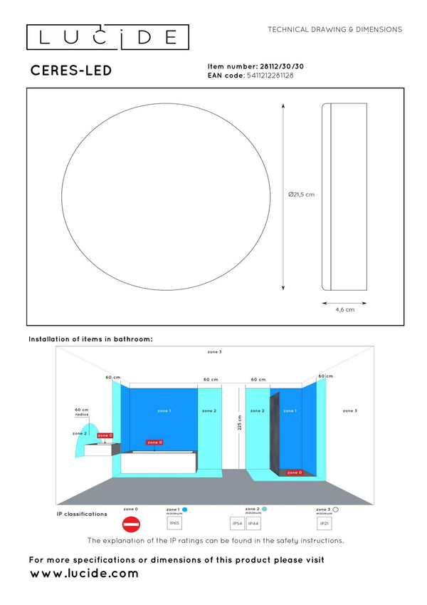 Lucide CERES-LED dimbare LED-plafondlamp voor de badkamer Ø 21,5 cm, 30 W, IP44, zwart