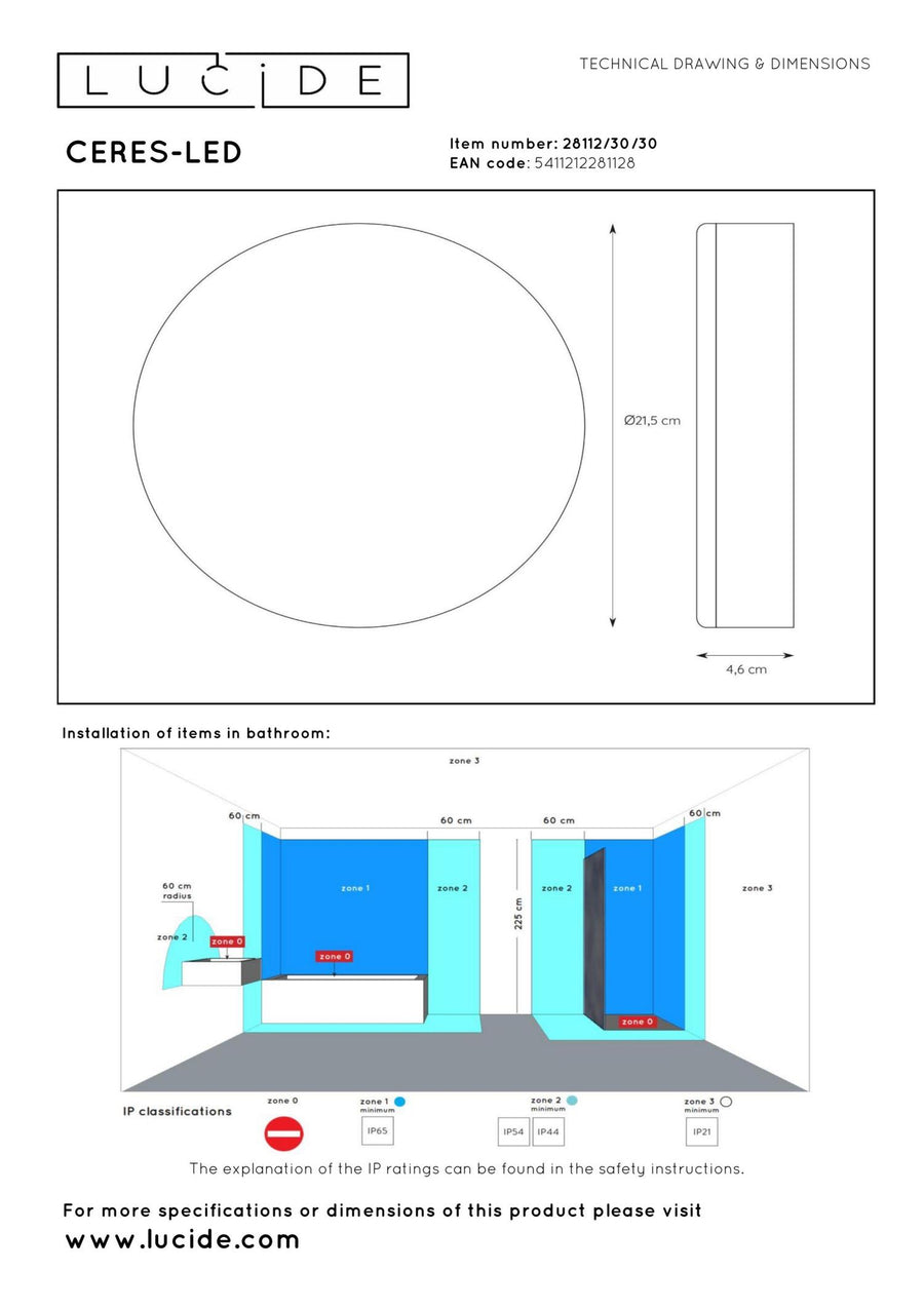 Lucide CERES-LED dimbare LED-plafondlamp voor de badkamer Ø 21,5 cm, 30 W, IP44, zwart