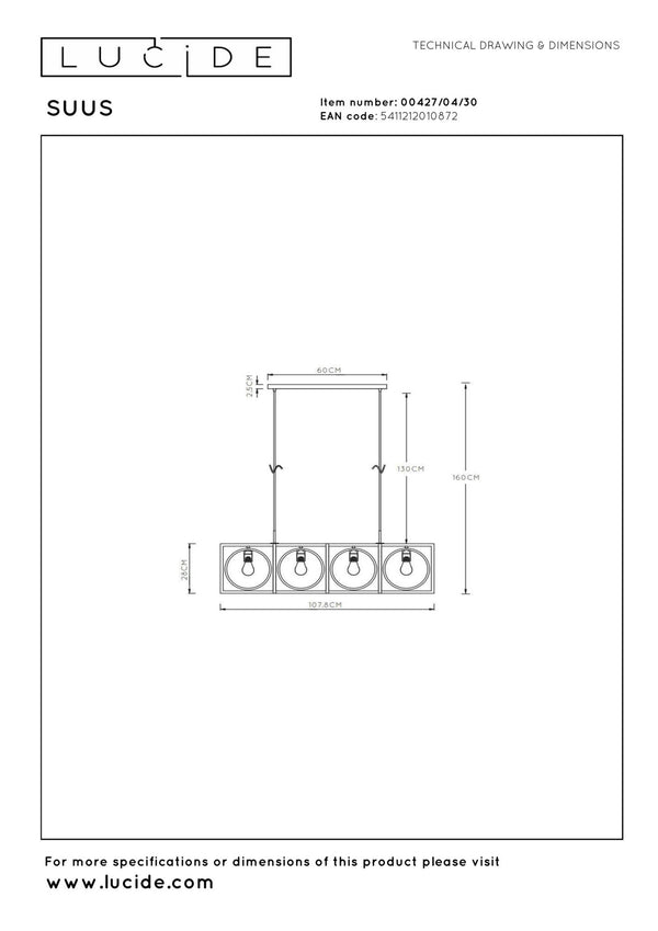 Lucide SUUS hanglamp 4 × E27, zwart