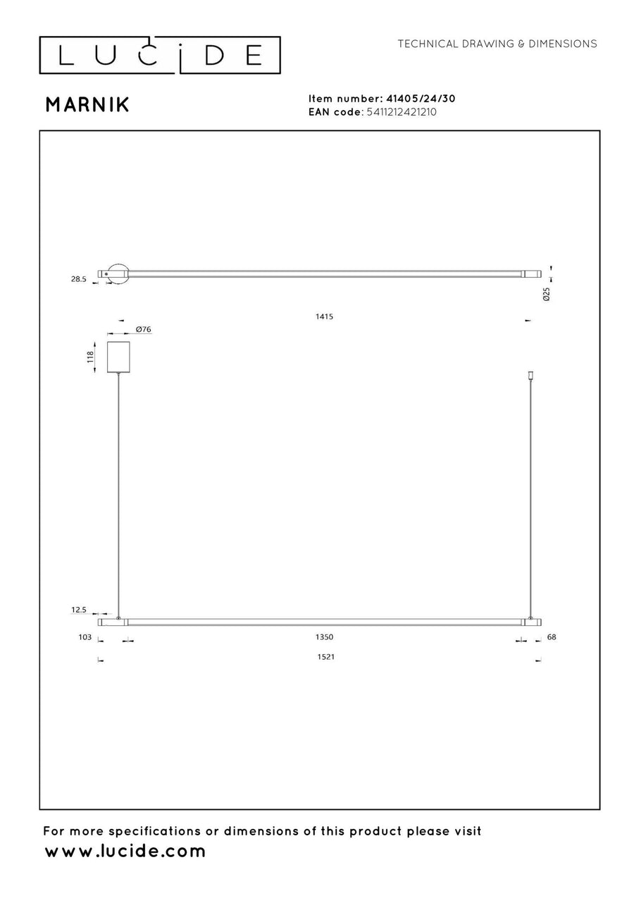 Lucide MARNIK dimbare LED-hanglamp met bewegingssensor Ø 2,5 cm, 22 W, 2700–4000 K, zwart