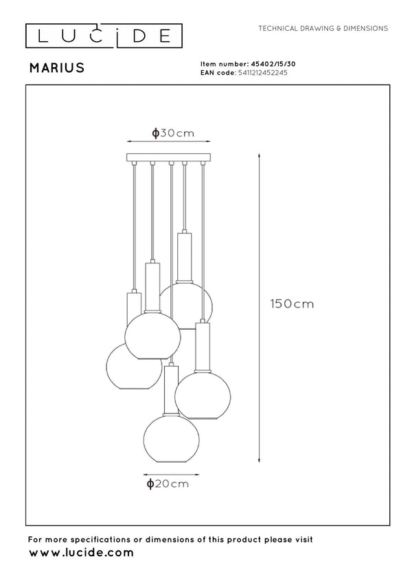 Lucide MARIUS hanglamp Ø 55 cm, 5 × E27, zwart