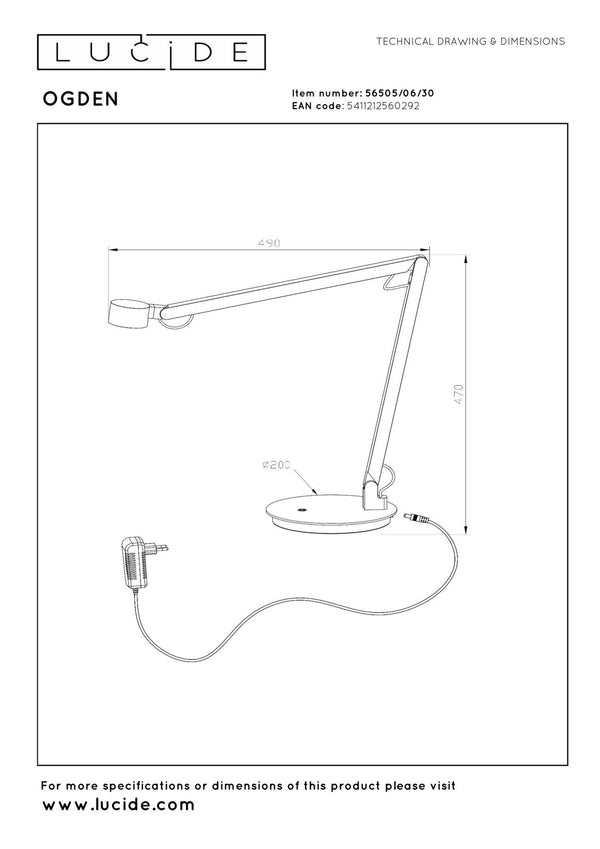 Lucide OGDEN dimbare LED-bureaulamp met 3 dimstanden, 7 W, zwart