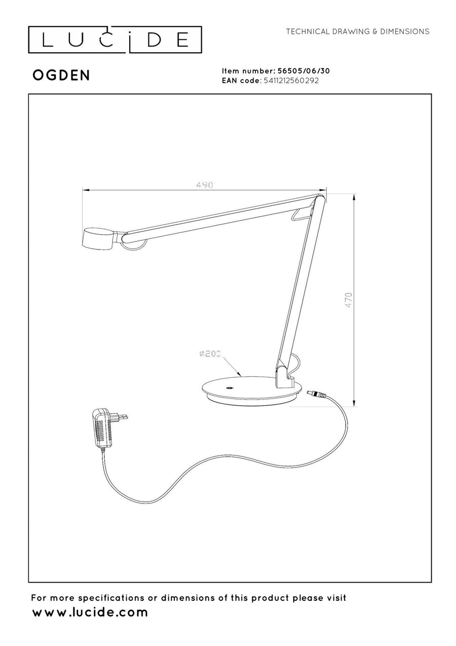 Lucide OGDEN dimbare LED-bureaulamp met 3 dimstanden, 7 W, zwart