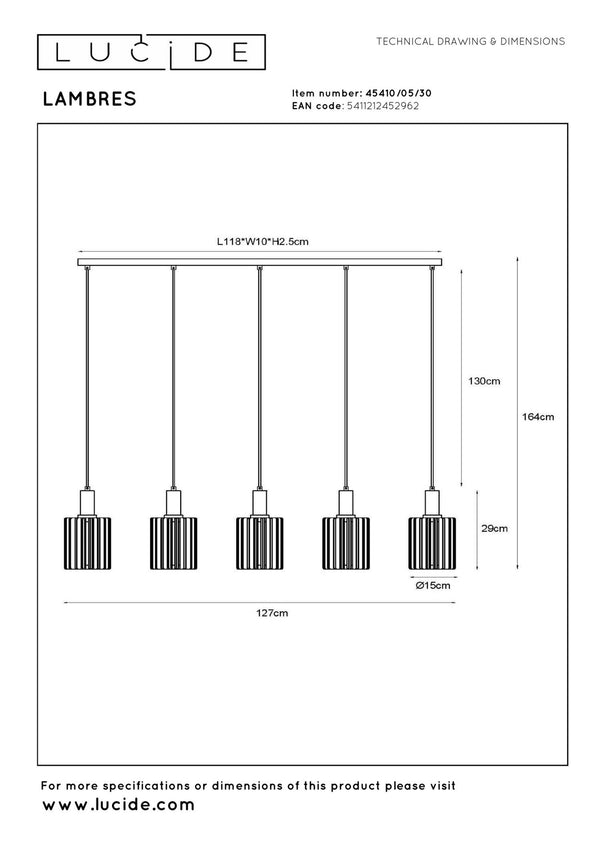 Lucide LAMBRES hanglamp 5 × E27, zwart