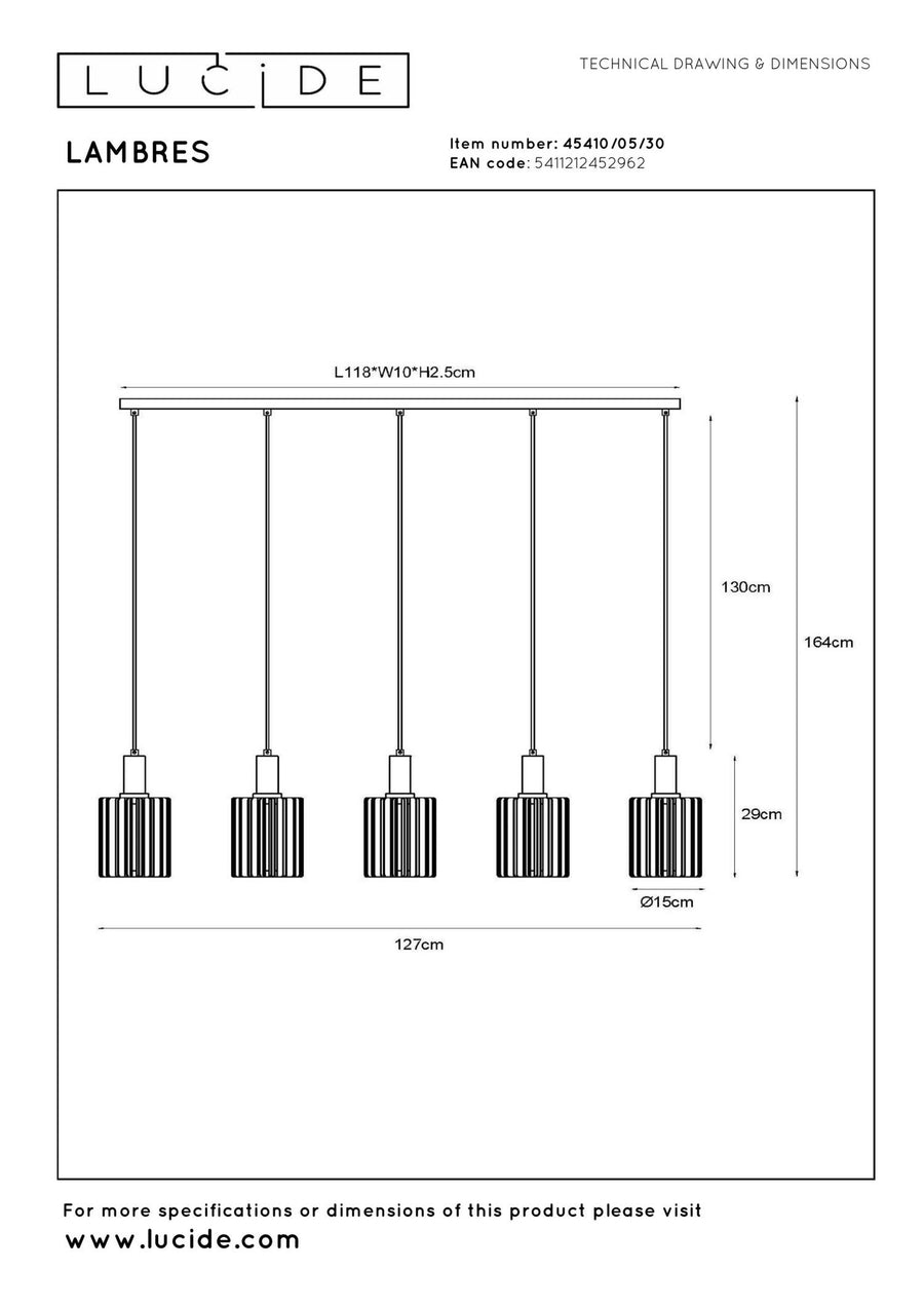 Lucide LAMBRES hanglamp 5 × E27, zwart