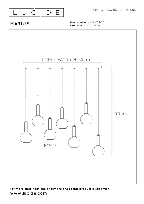 Lucide MARIUS hanglamp 7 × E27, zwart