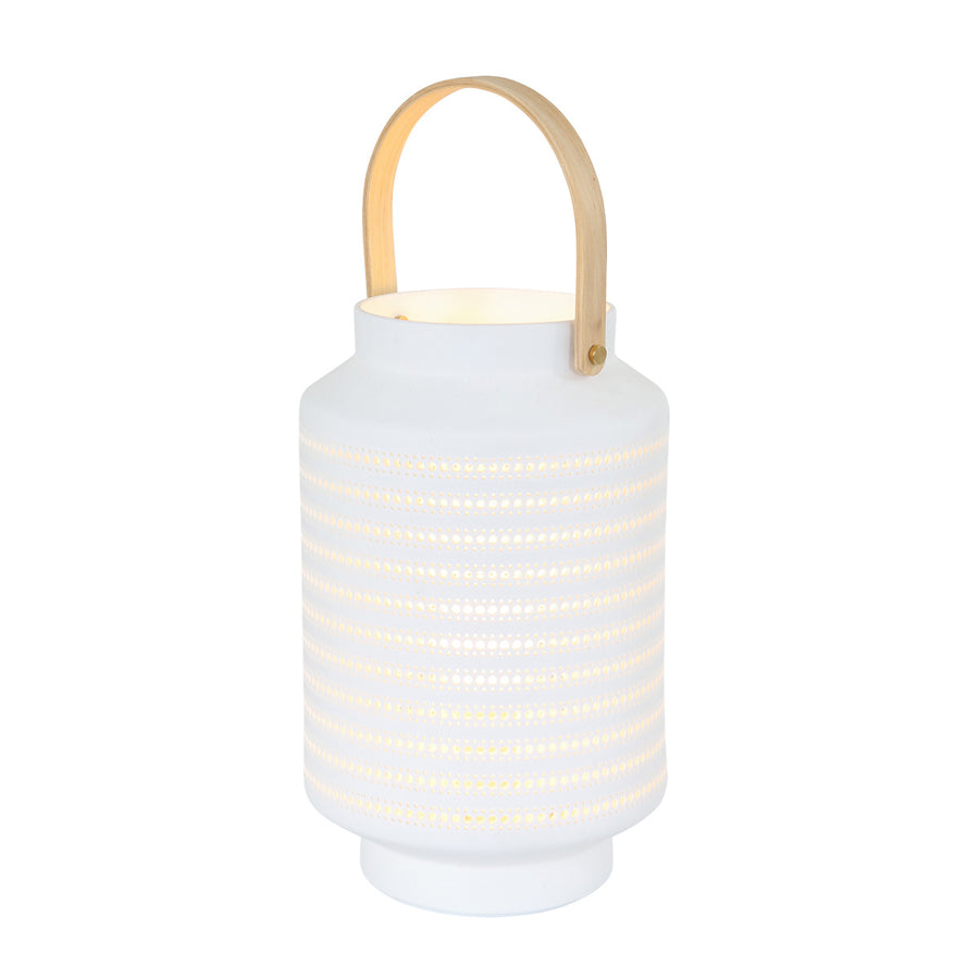 Tafellamp porcelain 3058w met houten handvat en ontelbaar veel gaatjes