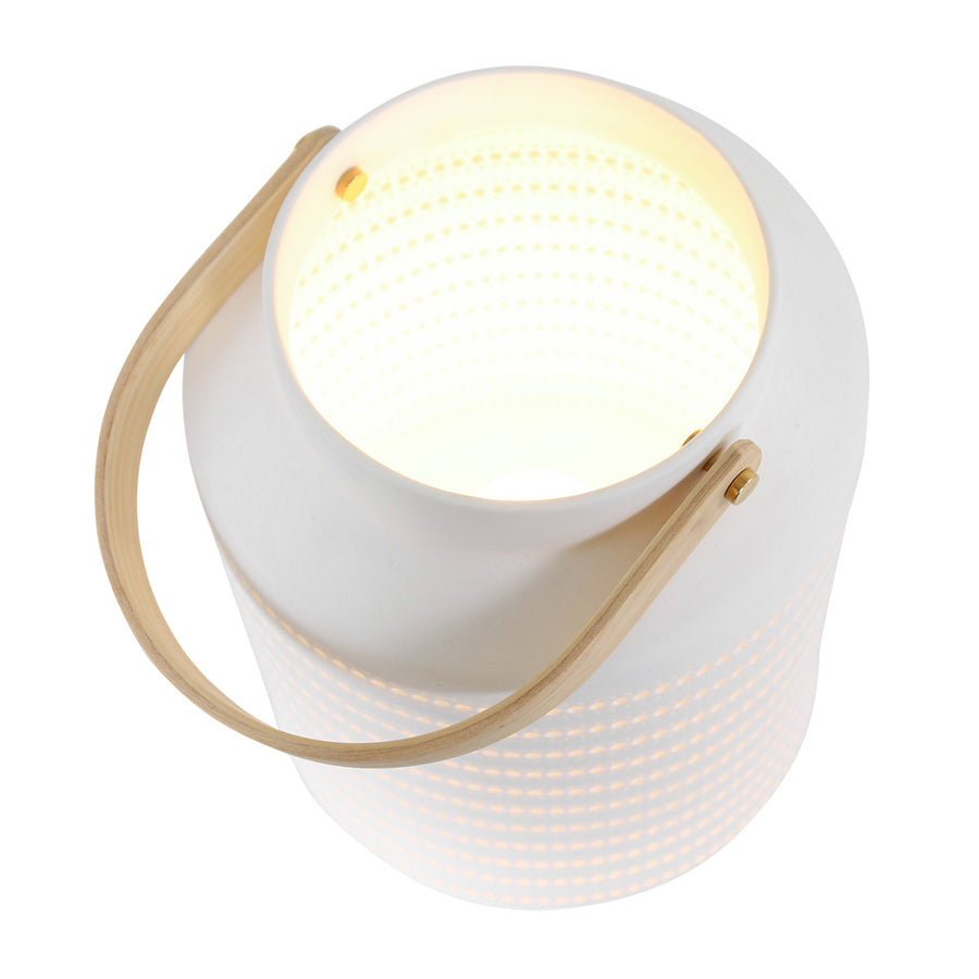 Tafellamp porcelain 3058w met houten handvat en ontelbaar veel gaatjes