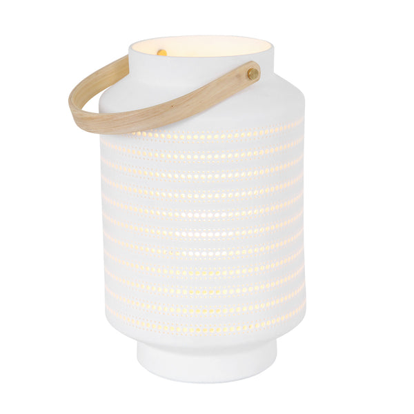 Tafellamp porcelain 3058w met houten handvat en ontelbaar veel gaatjes