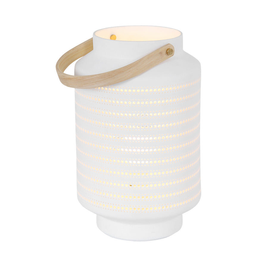 Tafellamp porcelain 3058w met houten handvat en ontelbaar veel gaatjes