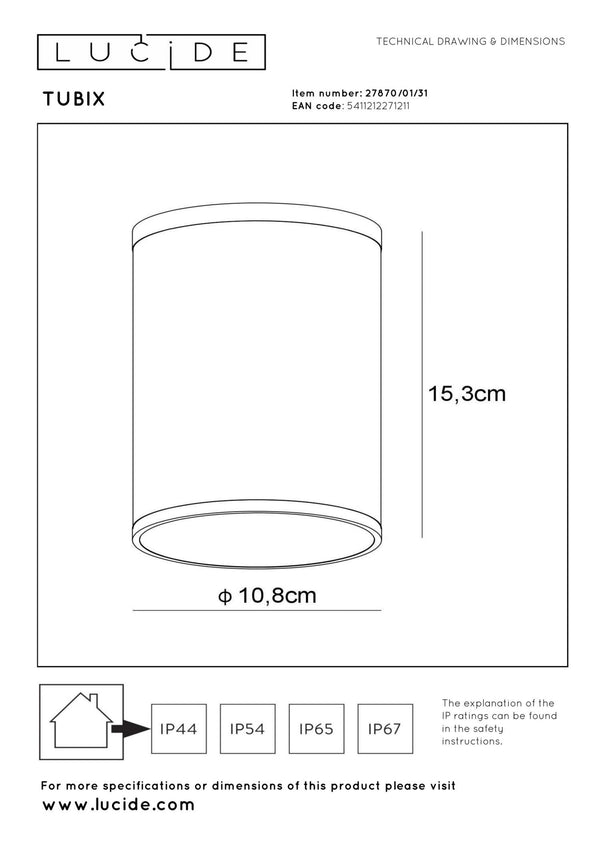Lucide TUBIX plafondspot voor binnen en buiten Ø 10,8 cm, E27, IP54, wit