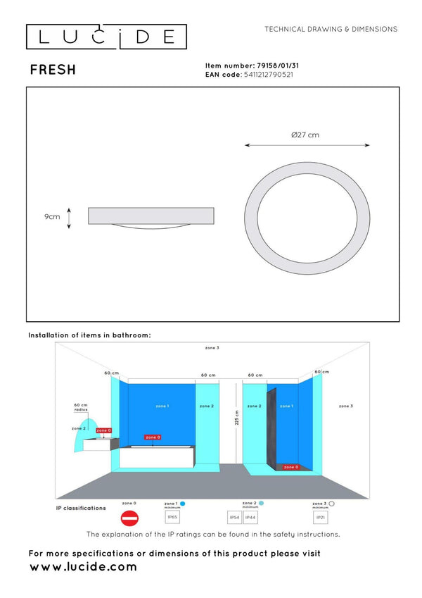 Lucide FRESH plafondlamp voor de badkamer Ø 27 cm, E27, IP44, wit