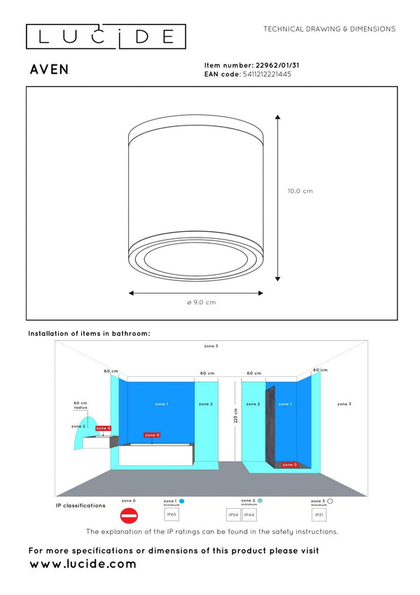Lucide AVEN plafondspot voor de badkamer Ø 9 cm, GU10, IP65, wit