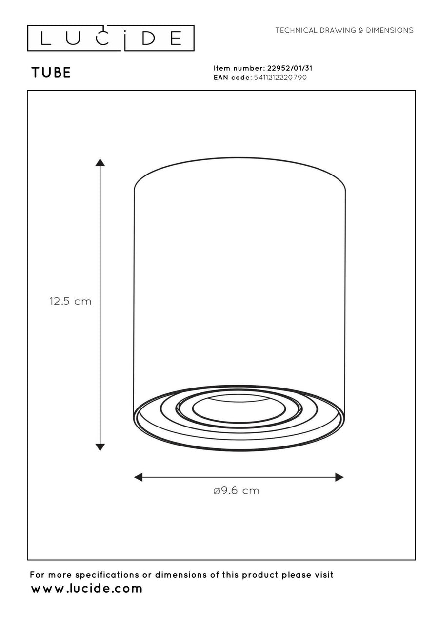 Lucide TUBE plafondspot Ø 9,6 cm, GU10, wit