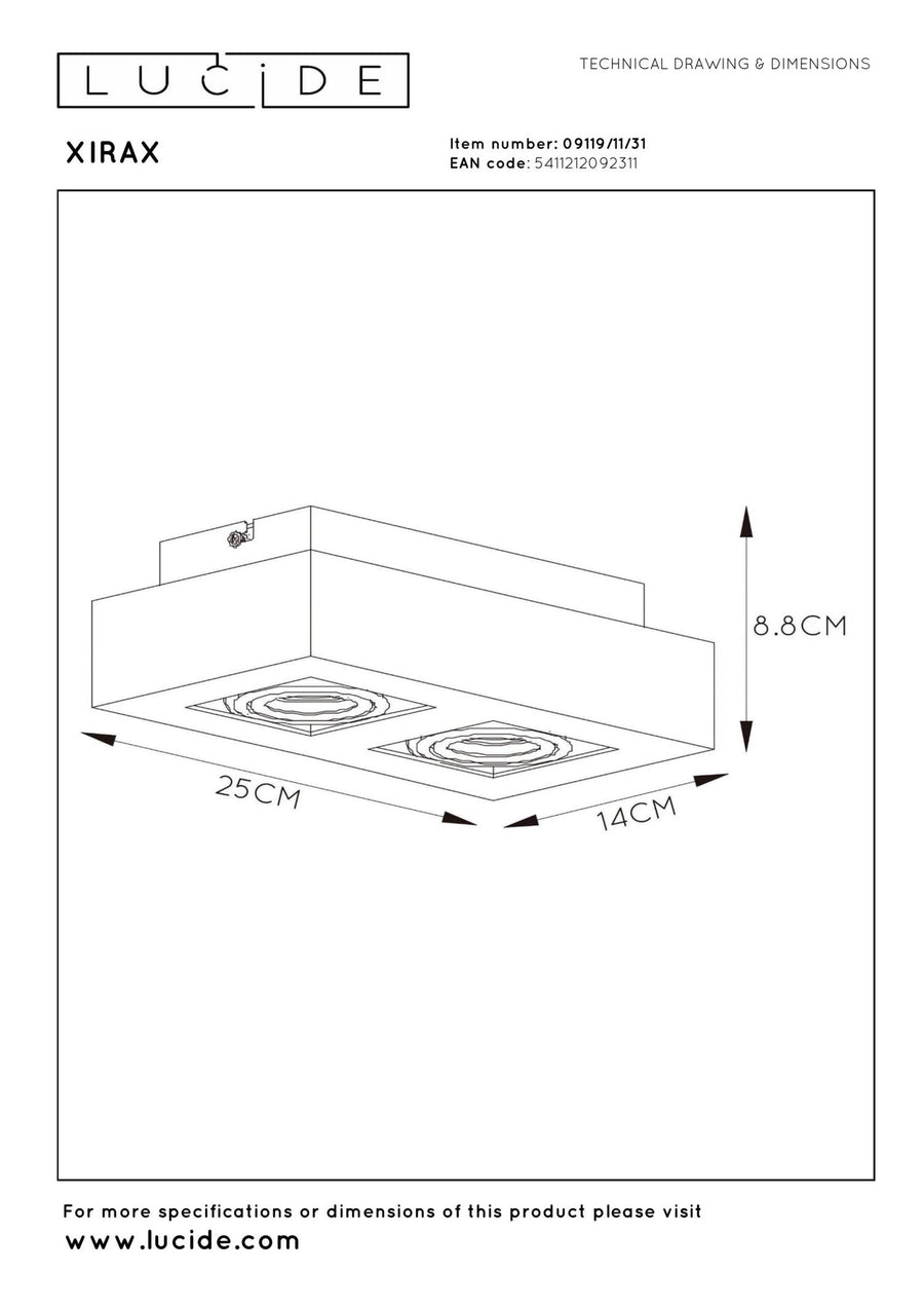 Lucide XIRAX dimbare LED-plafondspot 2 × GU10, 2 × 5 W, 2200–3000 K, wit