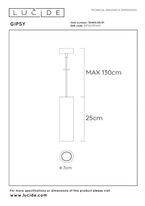 Lucide GIPSY hanglamp Ø 7 cm, GU10, wit