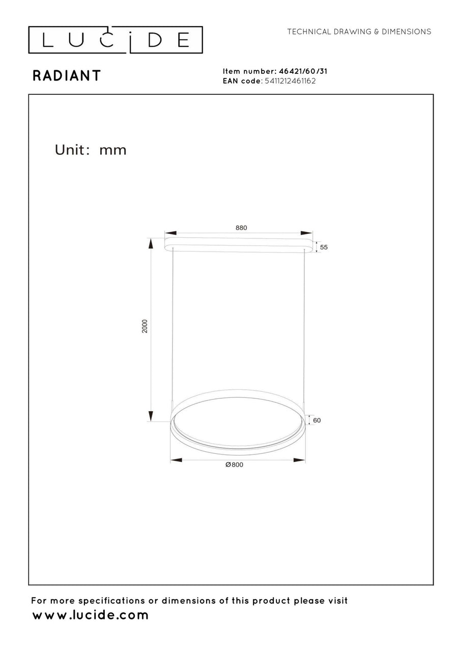 Lucide RADIANT dimbare LED-hanglamp 60 W, 2200–3000 K, wit