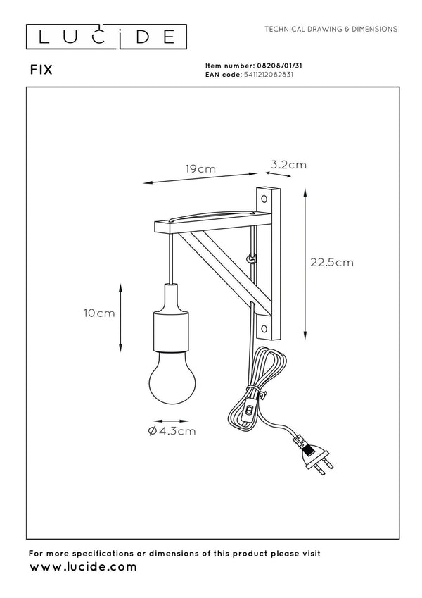 Lucide FIX wandlamp E27, wit