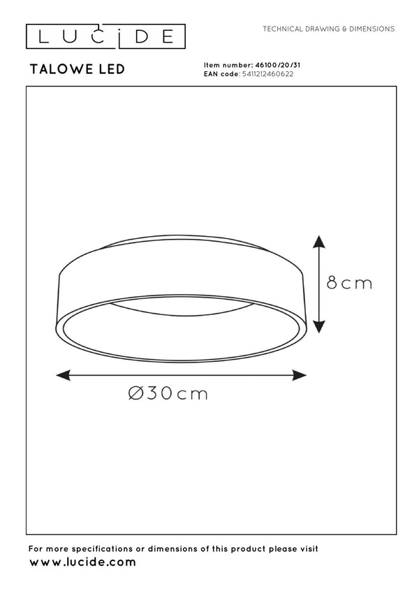 Lucide TALOWE LED dimbare LED-plafondlamp Ø 30 cm, 20 W, wit