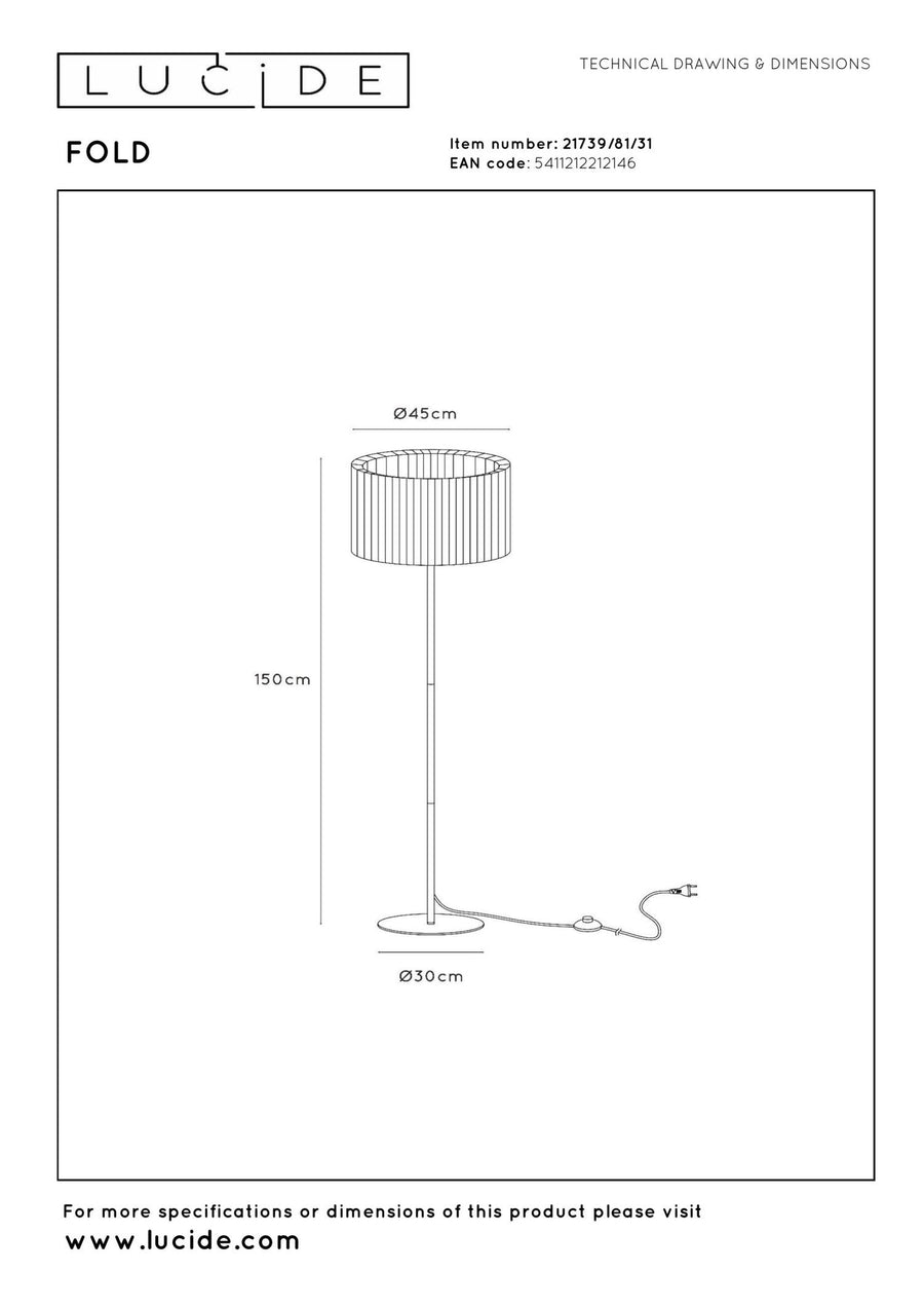 Lucide FOLD vloerlamp Ø 45 cm, E27, wit