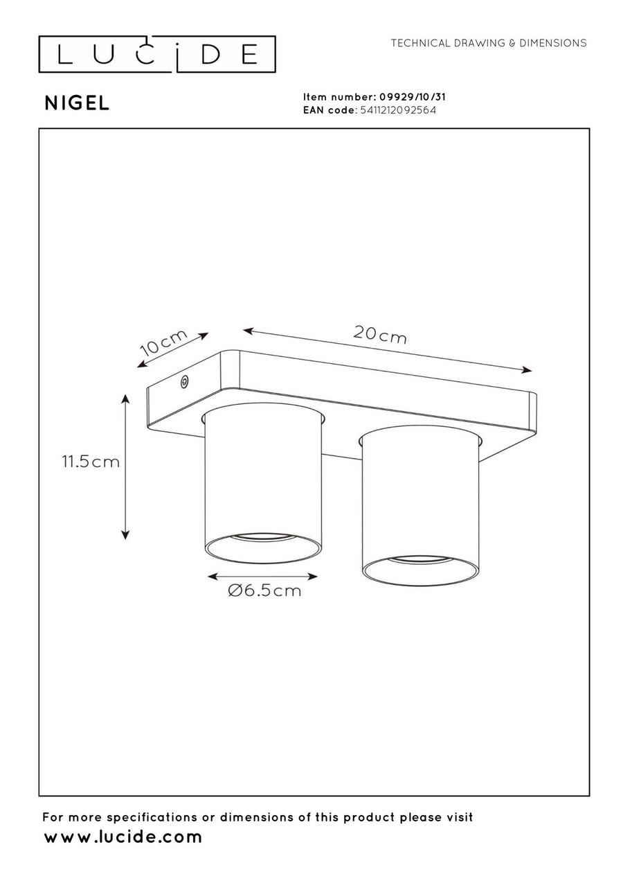 Lucide NIGEL dimbare LED-plafondspot 2 × GU10, 2 × 5 W, 2200–3000 K, wit