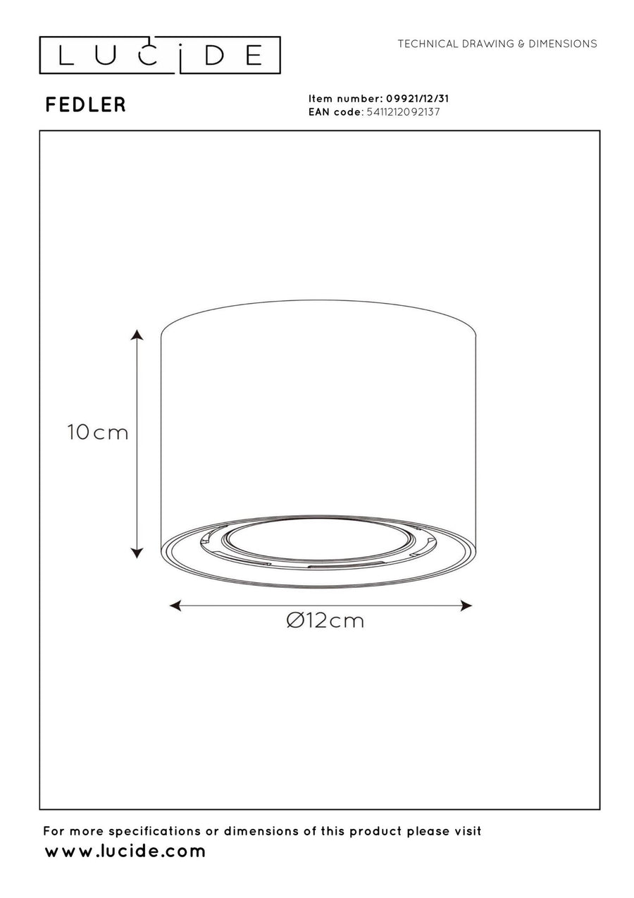 Lucide FEDLER dimbare LED-plafondspot Ø 12 cm, GU10, 12 W, 2200–3000 K, wit