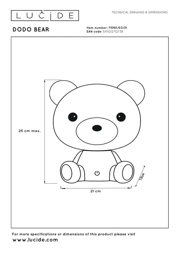 Lucide DODO BEAR LED-nachtlampje voor kinderen met 3 dimstanden, 3 W, wit