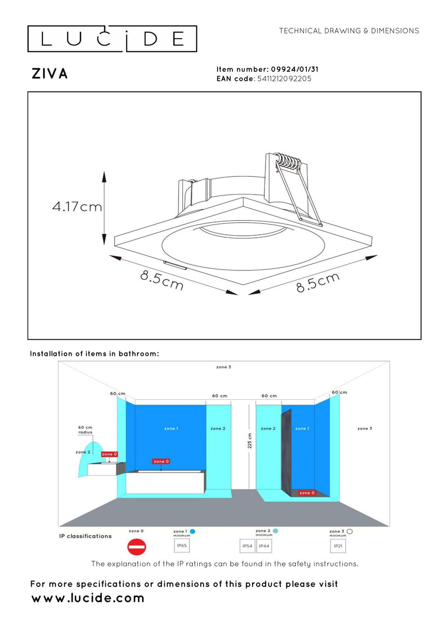 Lucide ZIVA inbouwspot voor de badkamer GU10, IP44, wit