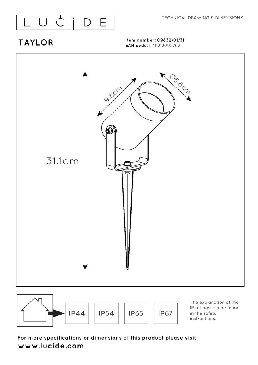 Lucide TAYLOR tuinspot Ø 10 cm, GU10, IP65, wit
