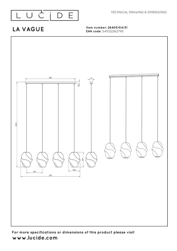 Lucide LA VAGUE hanglamp 4 × E27, wit