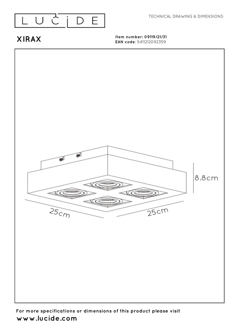 Lucide XIRAX dimbare LED-plafondspot 4 × GU10, 4 × 5 W, 2200–3000 K, wit