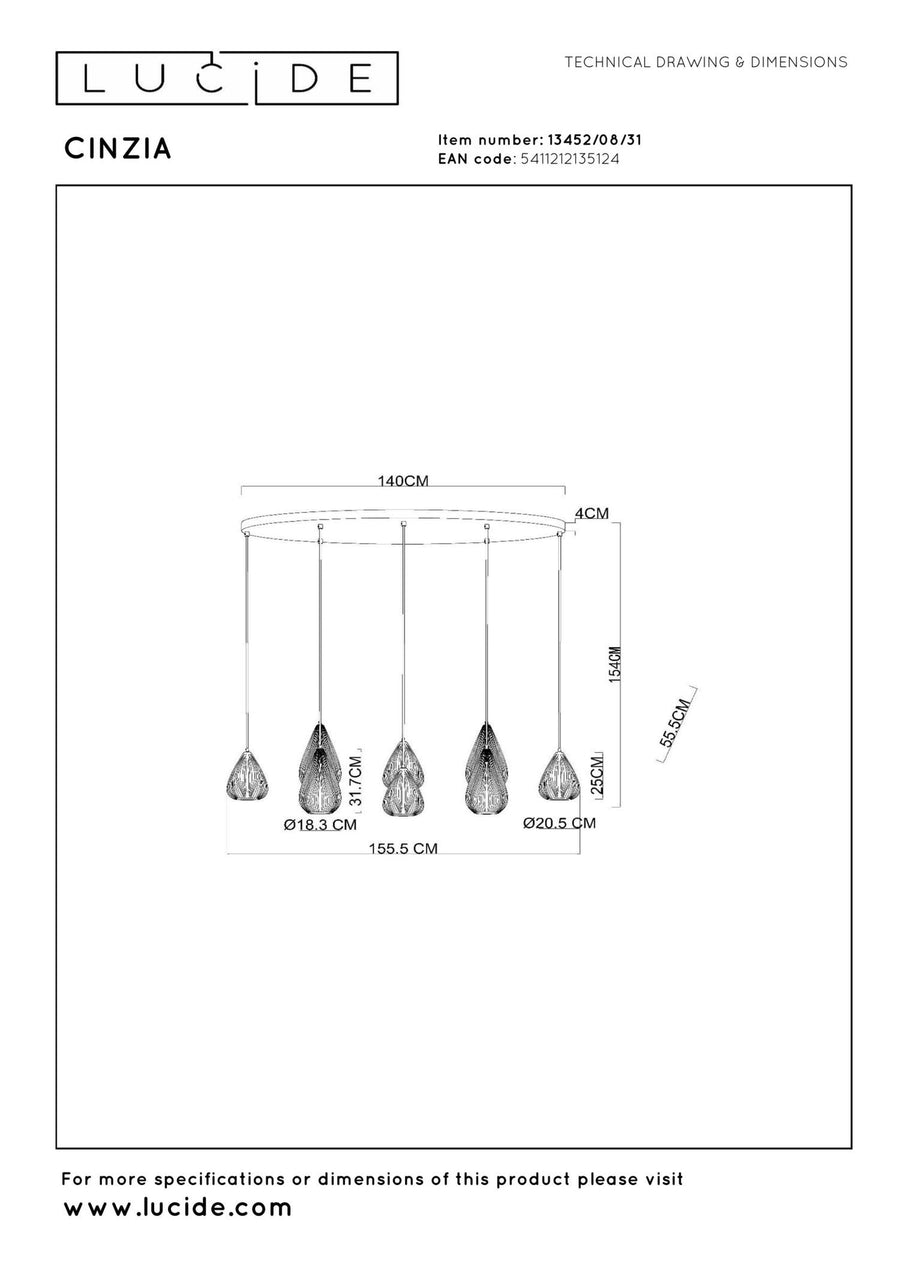 Lucide CINZIA hanglamp 8 × E27, wit