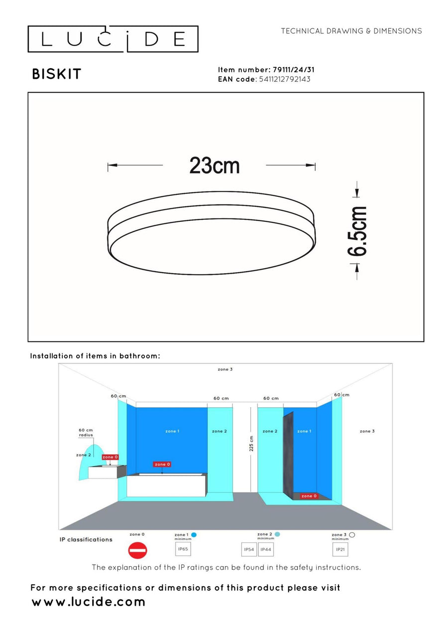 Lucide BISKIT LED-plafondlamp voor de badkamer met bewegingssensor Ø 23 cm, 12 W, IP44, wit