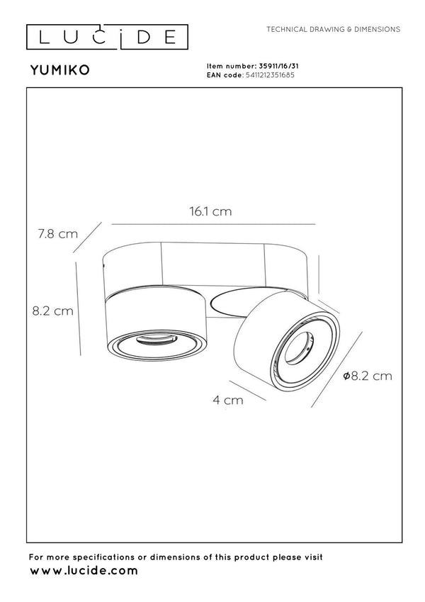 Lucide YUMIKO dimbare LED-plafondspot Ø 7,8 cm, 2 × 10 W, wit