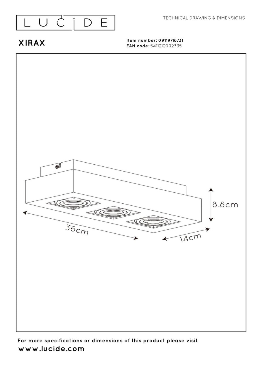 Lucide XIRAX dimbare LED-plafondspot 3 × GU10, 3 × 5 W, 2200–3000 K, wit