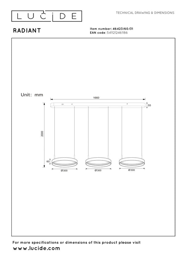 Lucide RADIANT dimbare LED-hanglamp 3 × 18,6 W, 2200–3000 K, wit