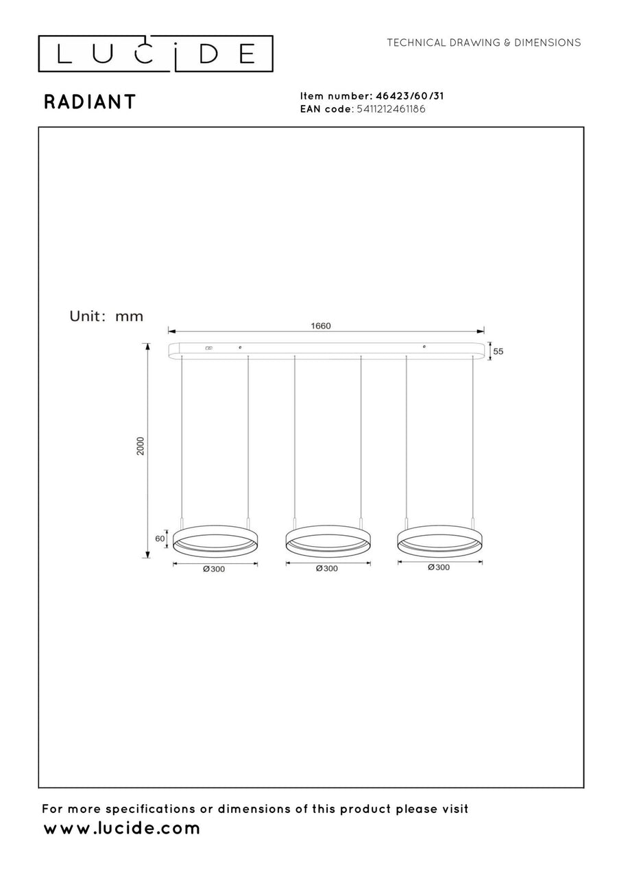 Lucide RADIANT dimbare LED-hanglamp 3 × 18,6 W, 2200–3000 K, wit