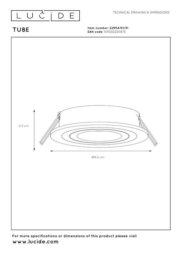 Lucide TUBE inbouwspot Ø 9,2 cm, GU10, wit