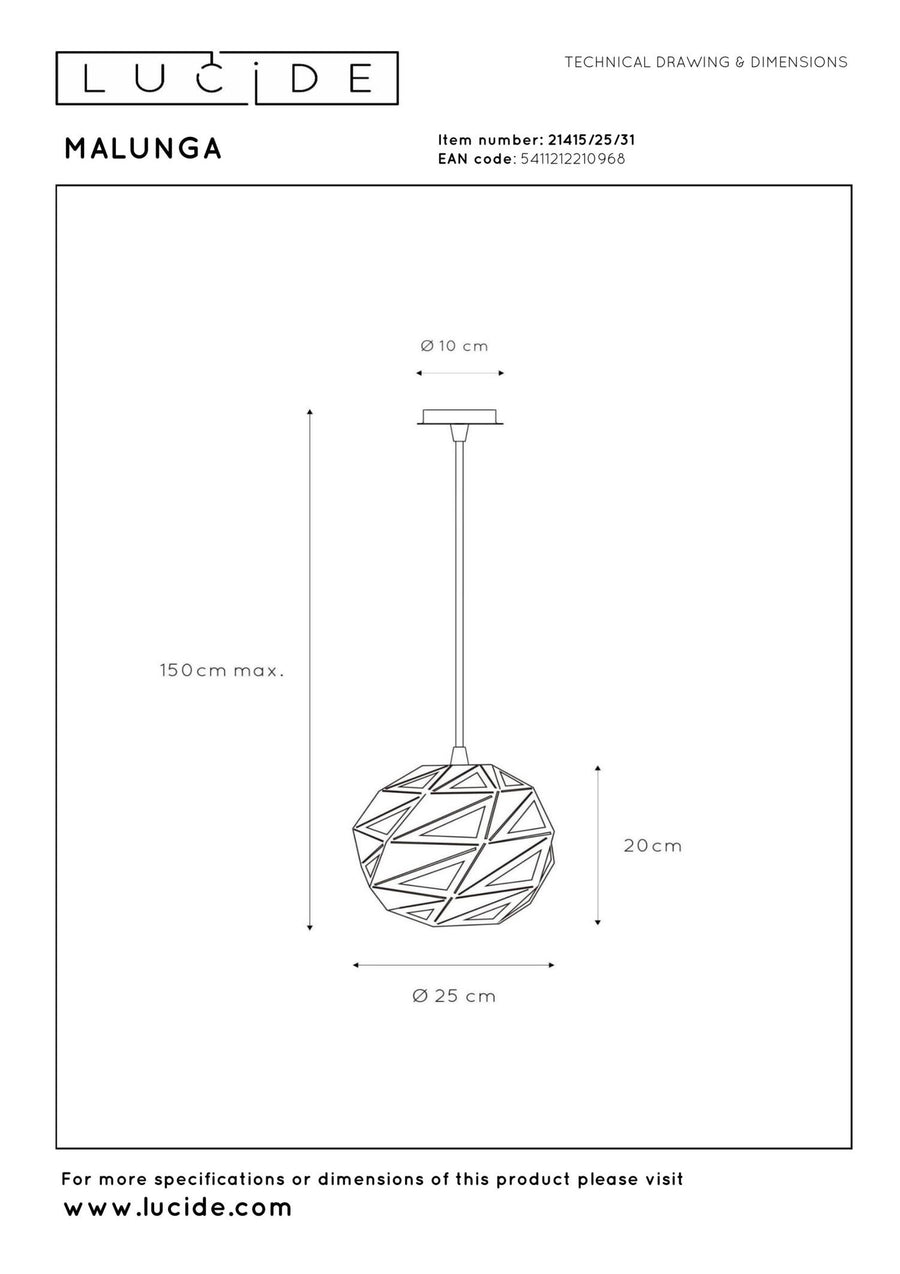 Lucide MALUNGA hanglamp Ø 25 cm, E27, wit