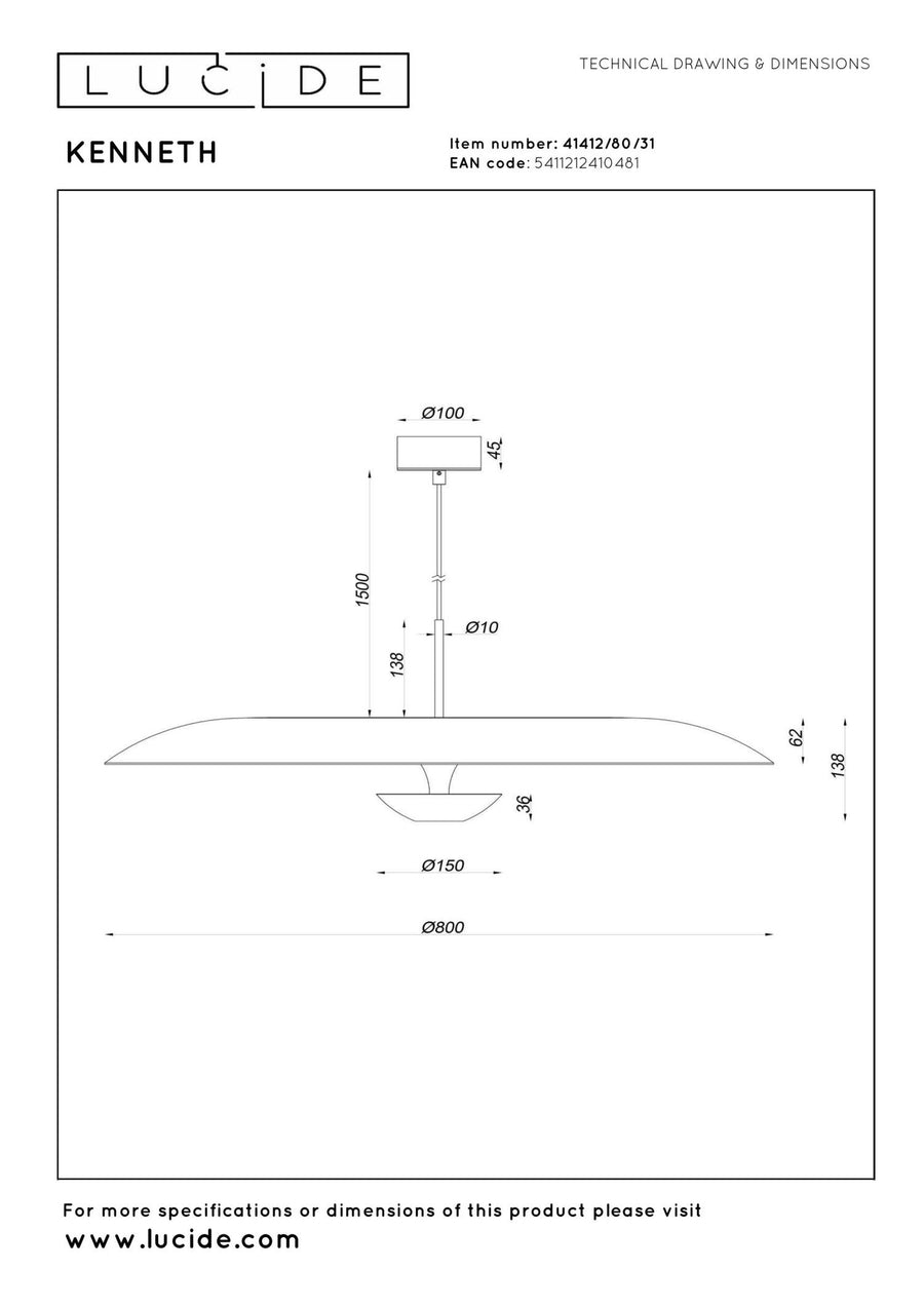 Lucide KENNETH dimbare LED-hanglamp Ø 80 cm, 22 W, wit